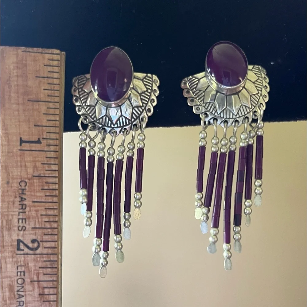 Sterling and sugalite gemstone Southwest pierced drop earrings. Beautiful! ❣️ - Picture 2 of 4
